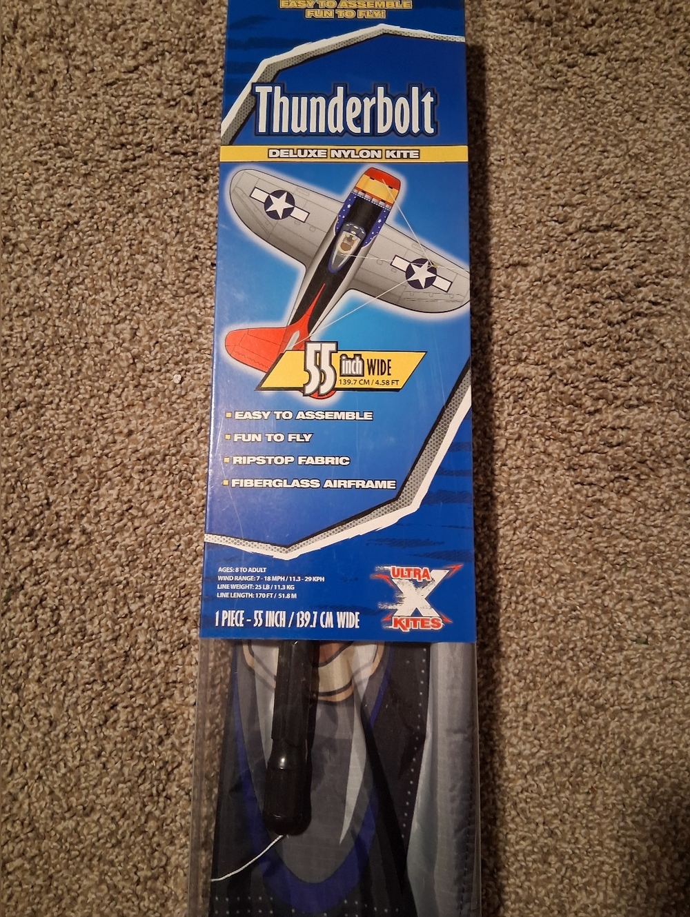 Thunderbolt Deluxe Nylon Kite - Blue, Gray, Orange Accents